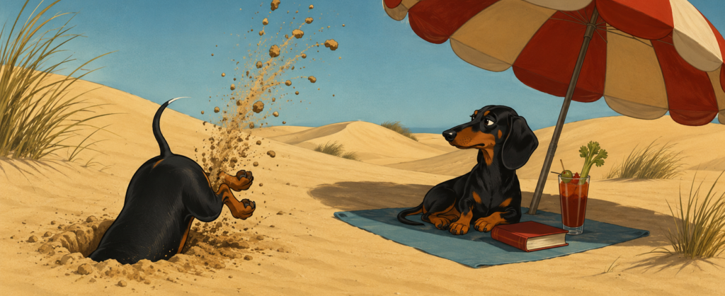 Two Dachhunds at the beach looking for supper.